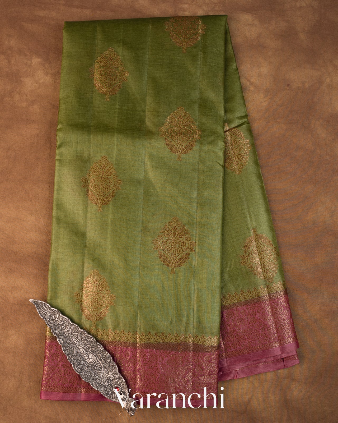 Olive Green Pure Tussar Silk Handloom Saree