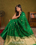 Bottle Green Checks Pure Raw Silk Handloom Saree