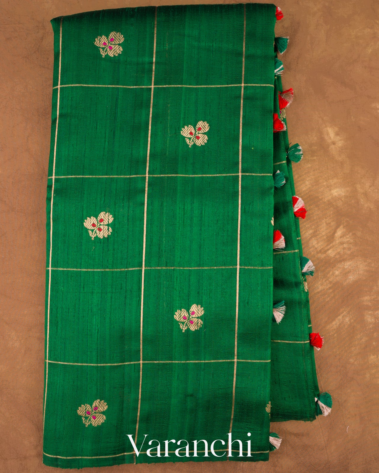 Bottle Green Checks Pure Raw Silk Handloom Saree