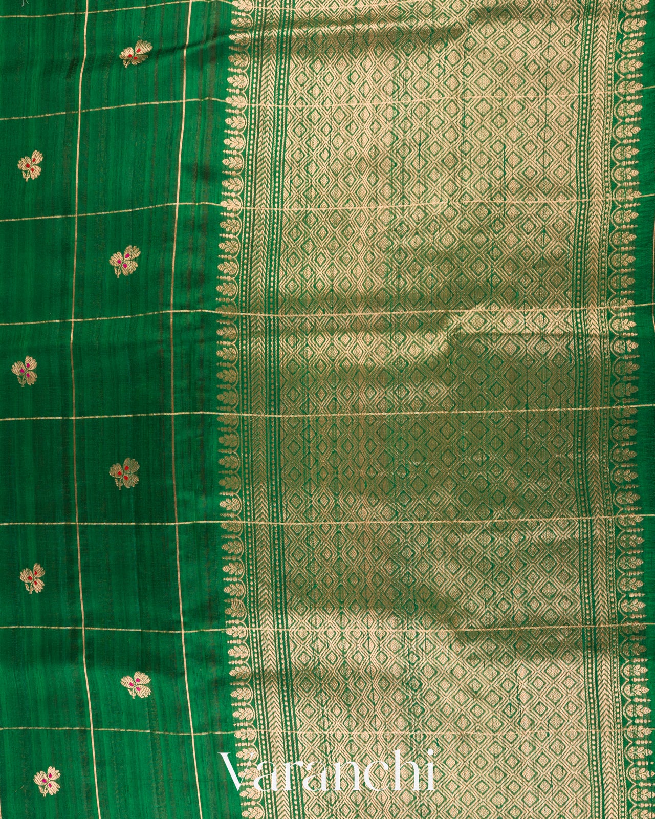 Bottle Green Checks Pure Raw Silk Handloom Saree
