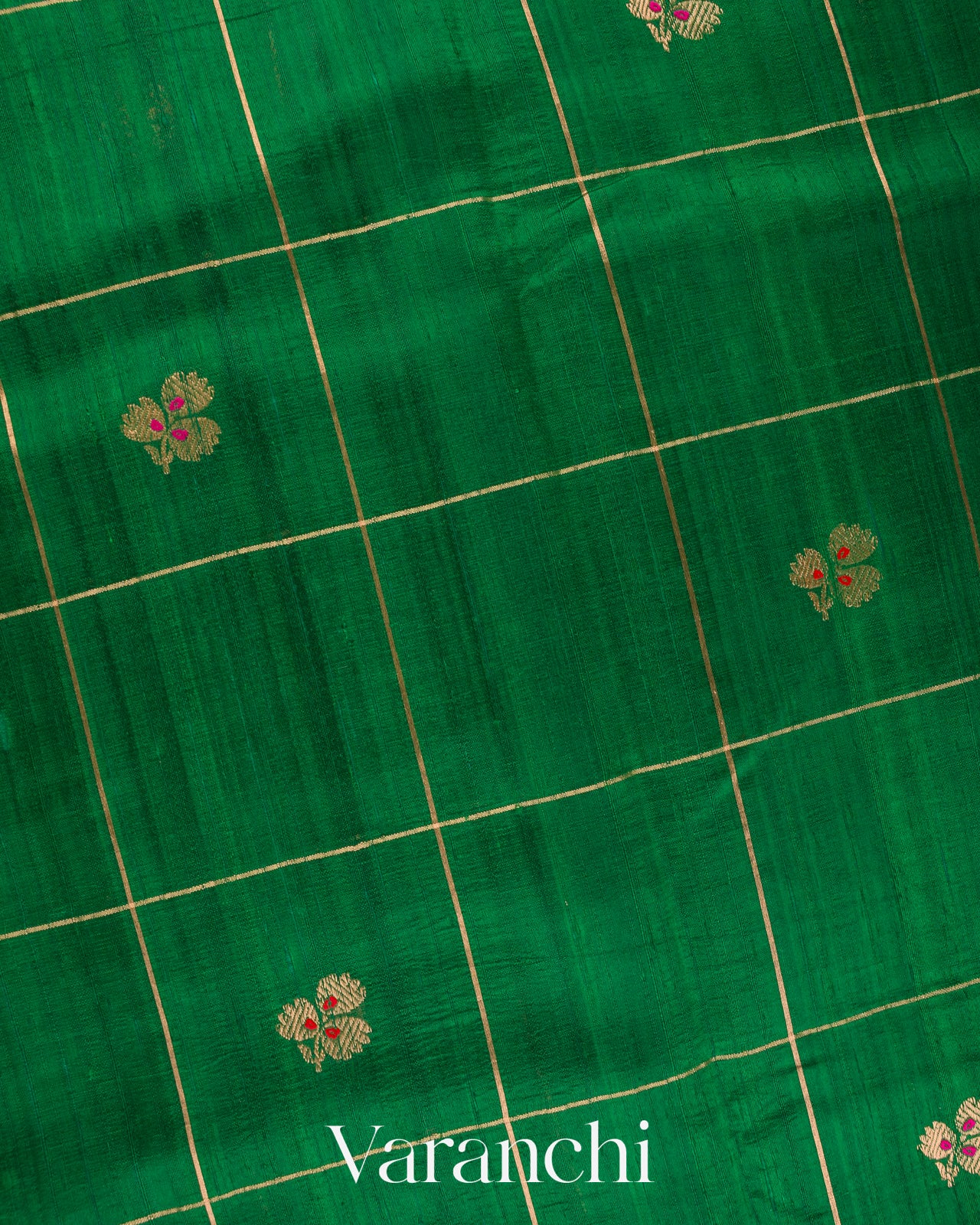 Bottle Green Checks Pure Raw Silk Handloom Saree