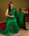 Bottle Green Checks Pure Raw Silk Handloom Saree