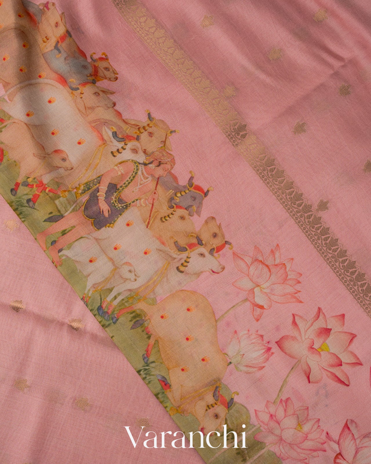 Blush Pink Pichwai Digital Printed Pure Chiniya Silk Saree