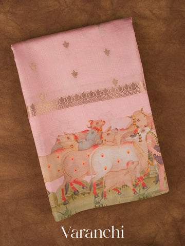 Baby Pink Pichwai Digital Printed Pure Chiniya Silk Saree