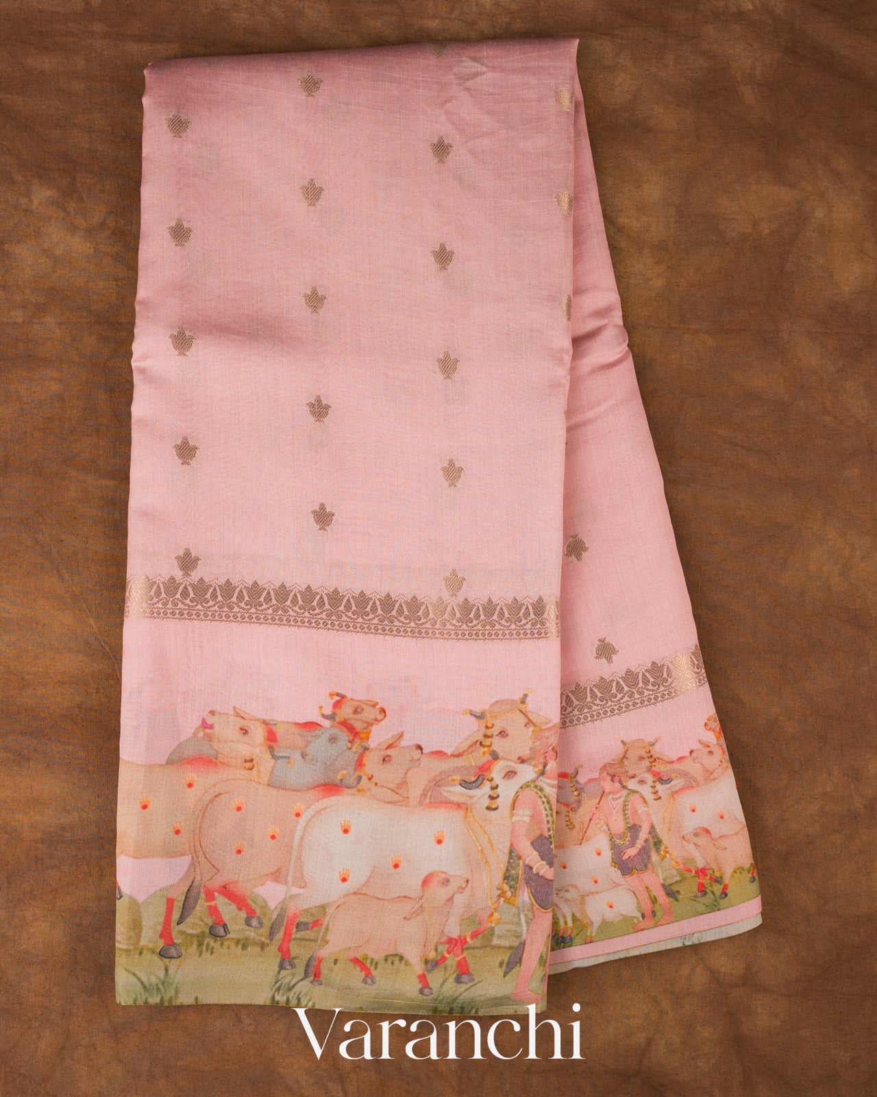 Blush Pink Pichwai Digital Printed Pure Chiniya Silk Saree