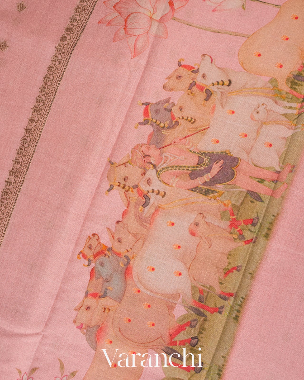Blush Pink Pichwai Digital Printed Pure Chiniya Silk Saree
