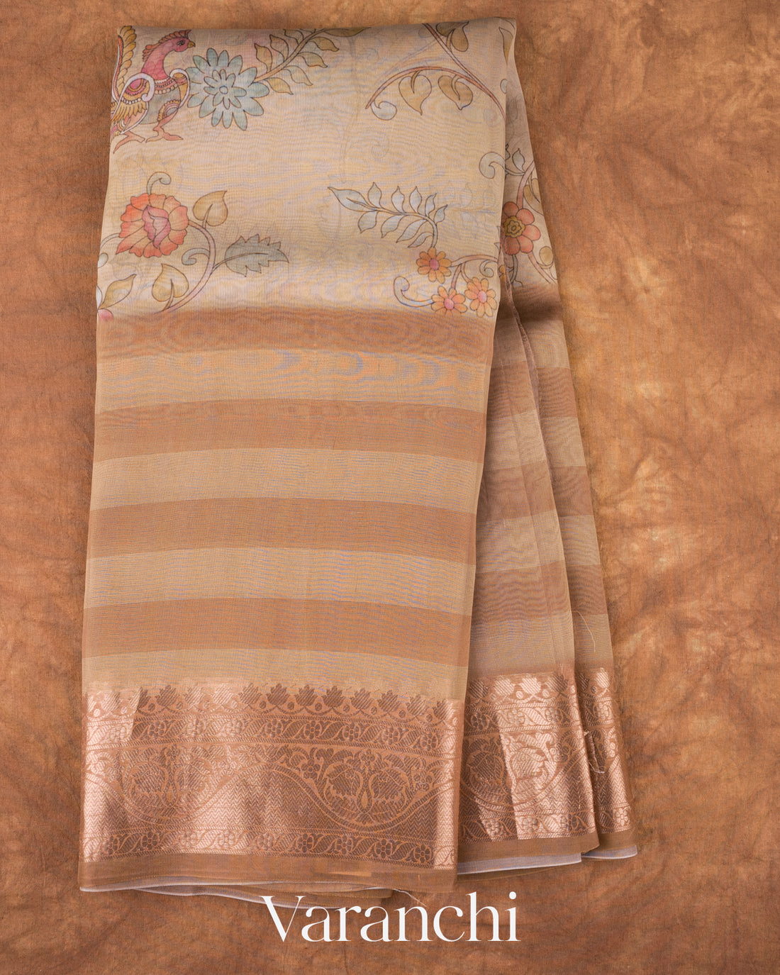 Beige Kalamkari Printed Pure Kora Silk Saree