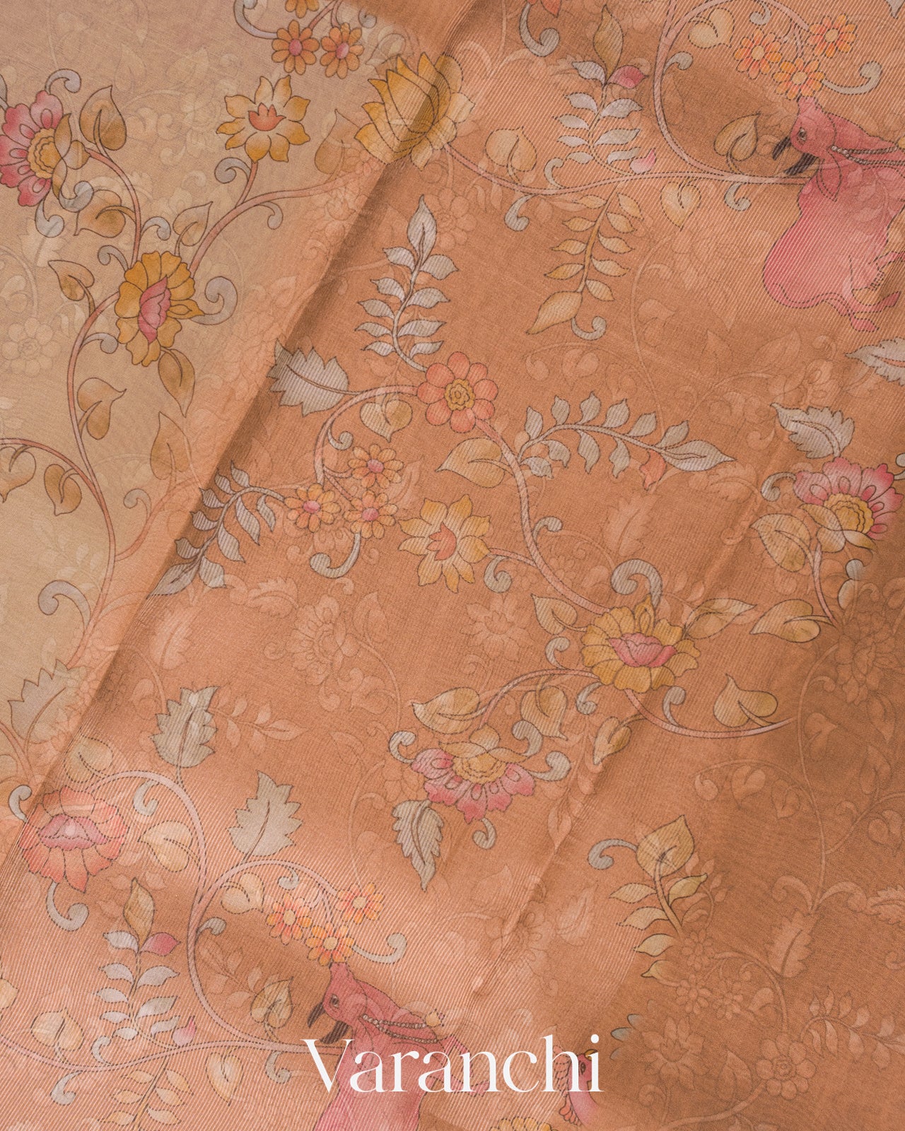 Beige Kalamkari Printed Pure Kora Silk Saree
