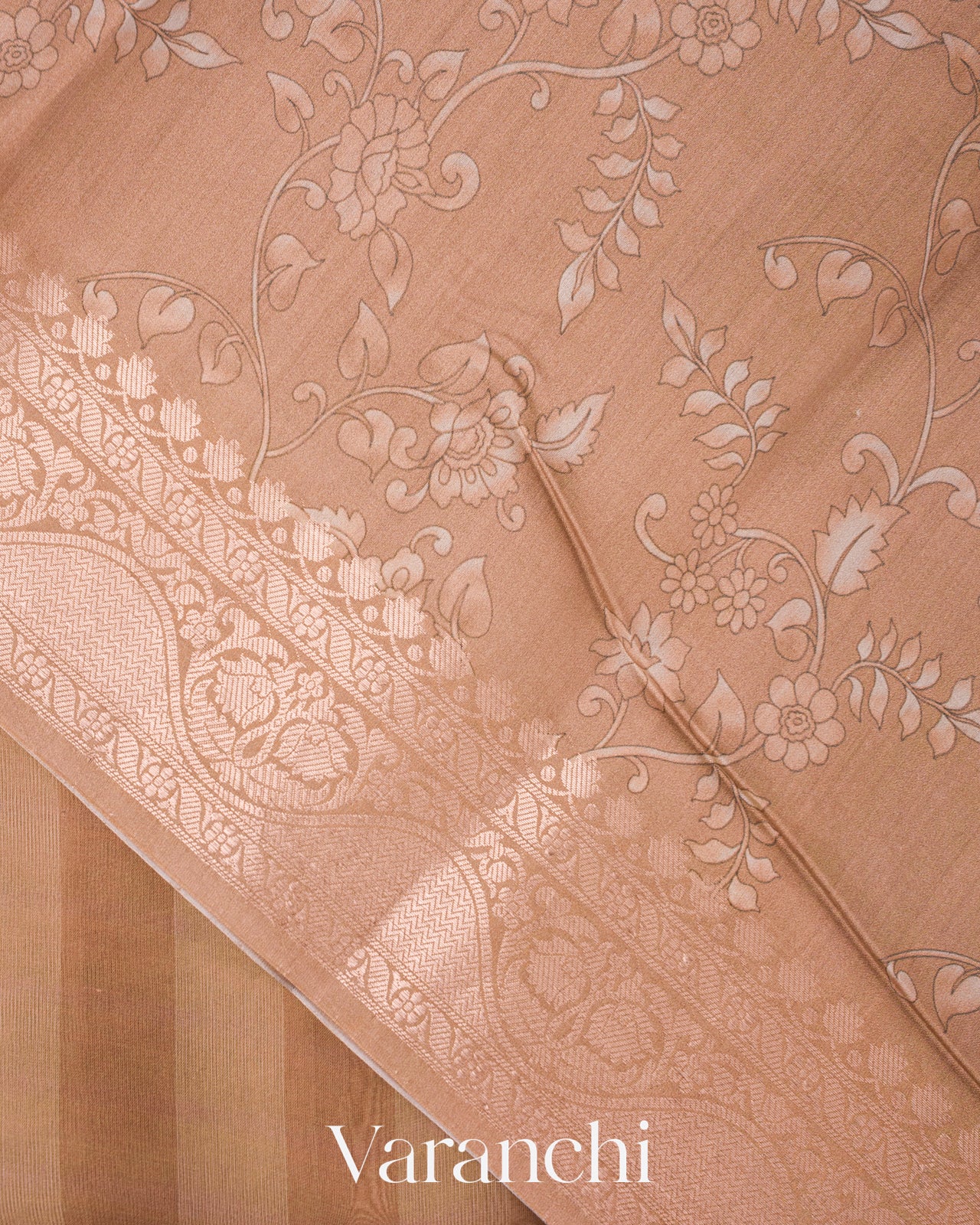 Beige Kalamkari Printed Pure Kora Silk Saree