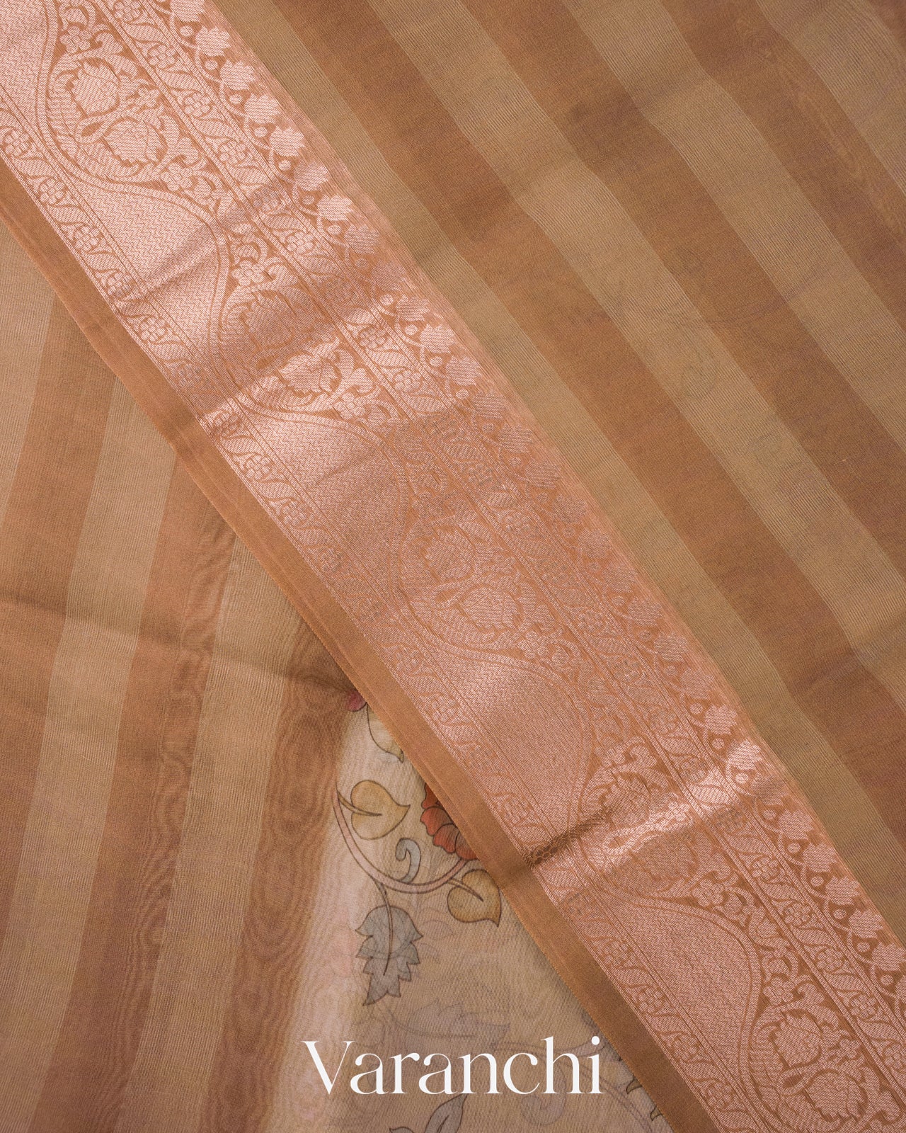 Beige Kalamkari Printed Pure Kora Silk Saree