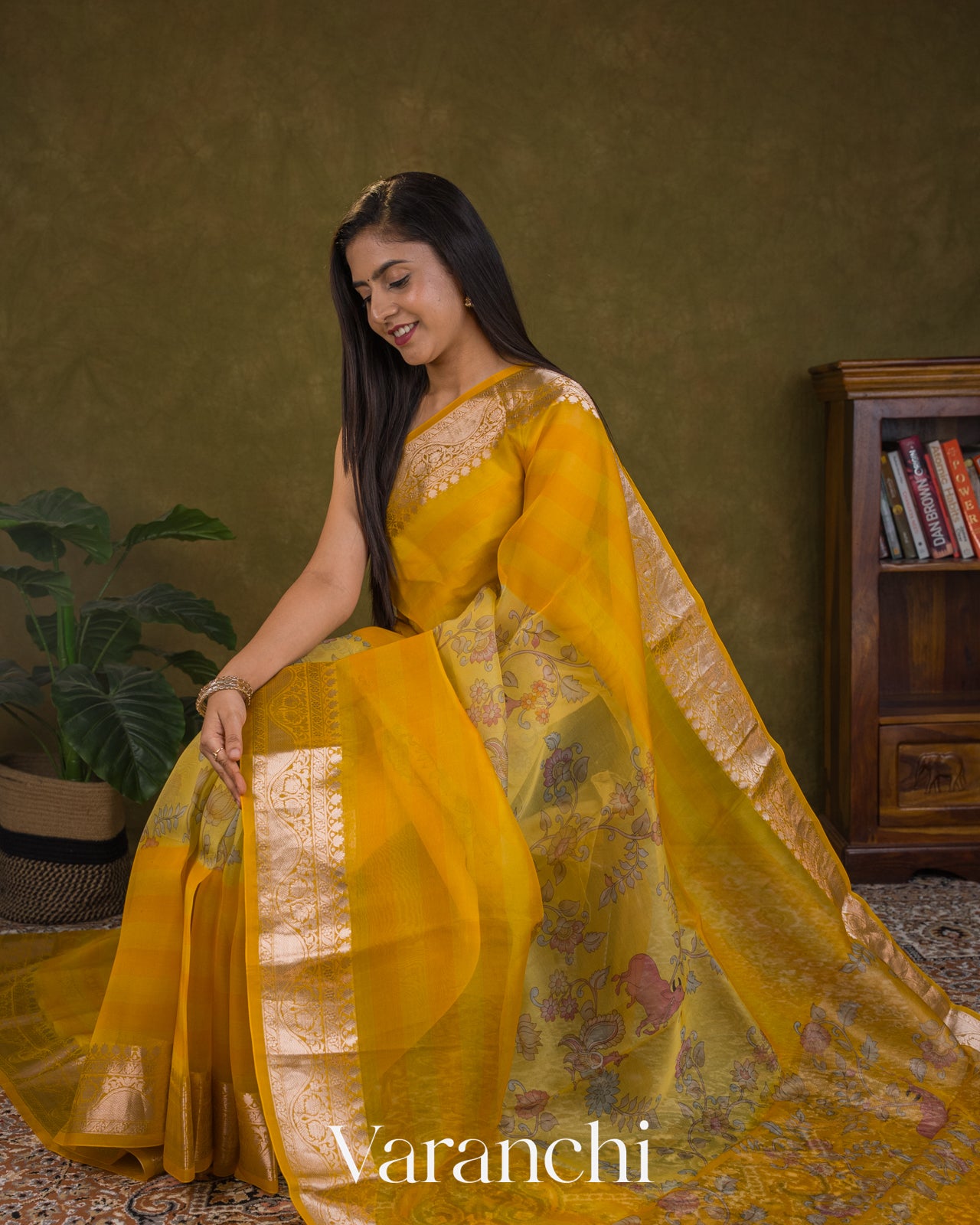 Mustard Yellow Kalamkari Printed Pure Kora Silk Saree