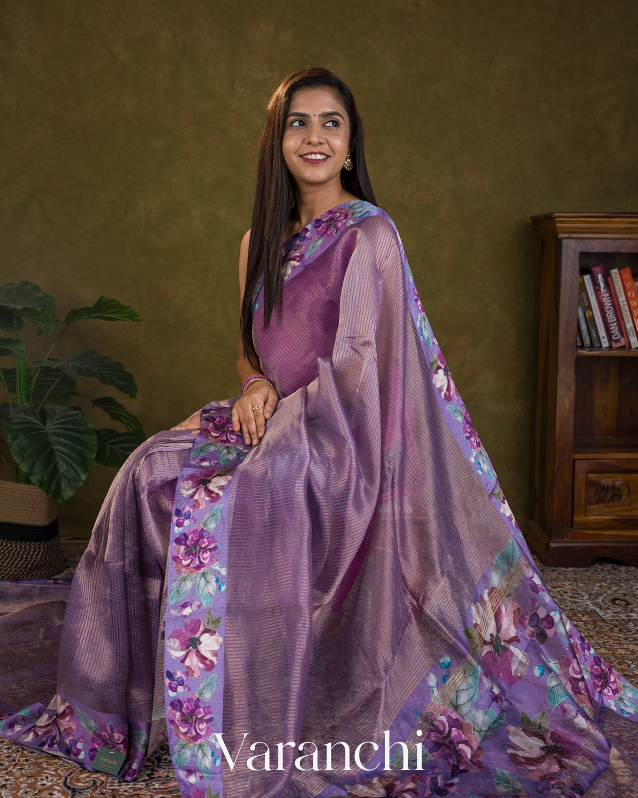 Lavender Floral Printed Pure Katan Silk Saree