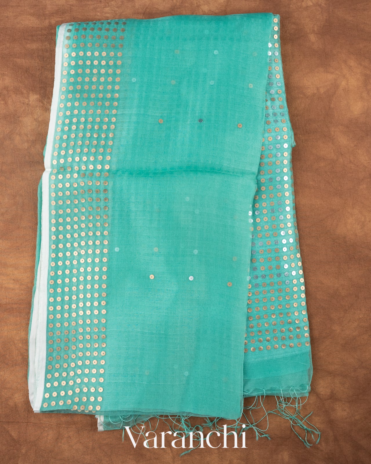 Sea Green Sequin Border Pure Muslin Silk Handloom Saree