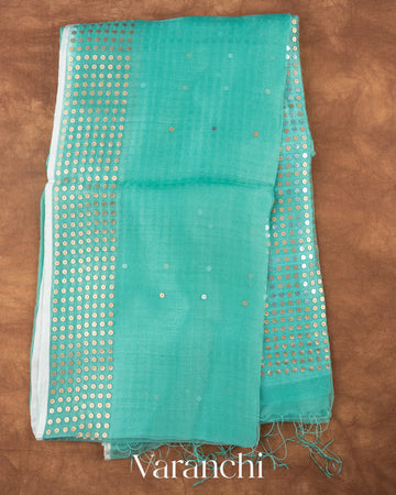 Sea Green Sequin Border Pure Muslin Silk Handloom Saree
