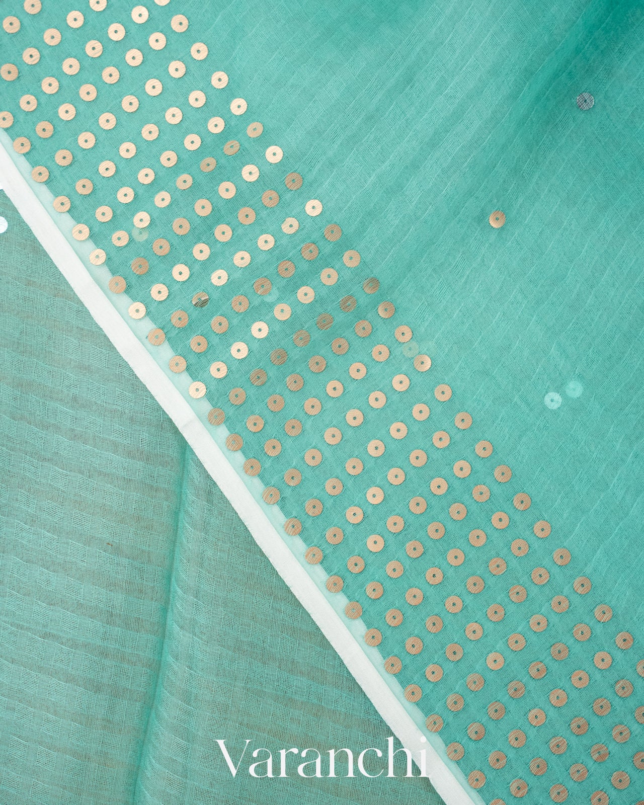 Sea Green Sequin Border Pure Muslin Silk Handloom Saree