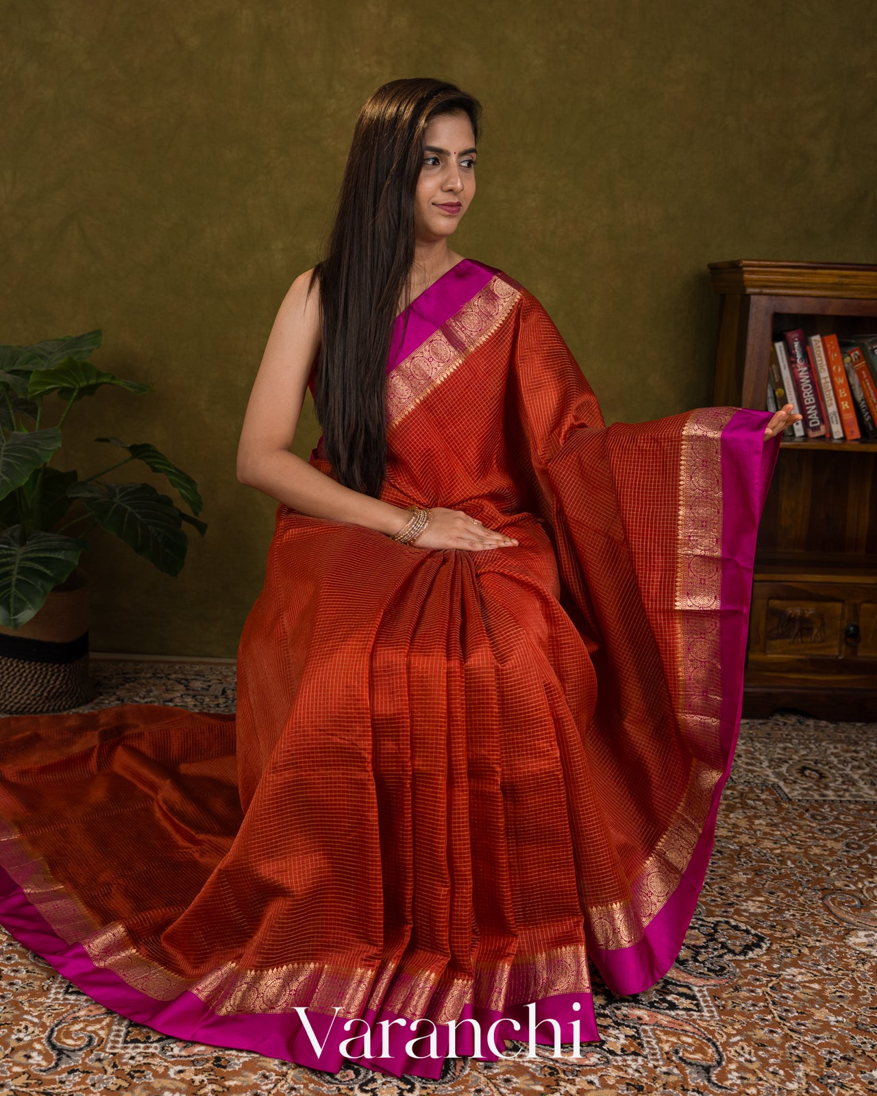 Red Checkered Pure Katan Silk Handloom Saree