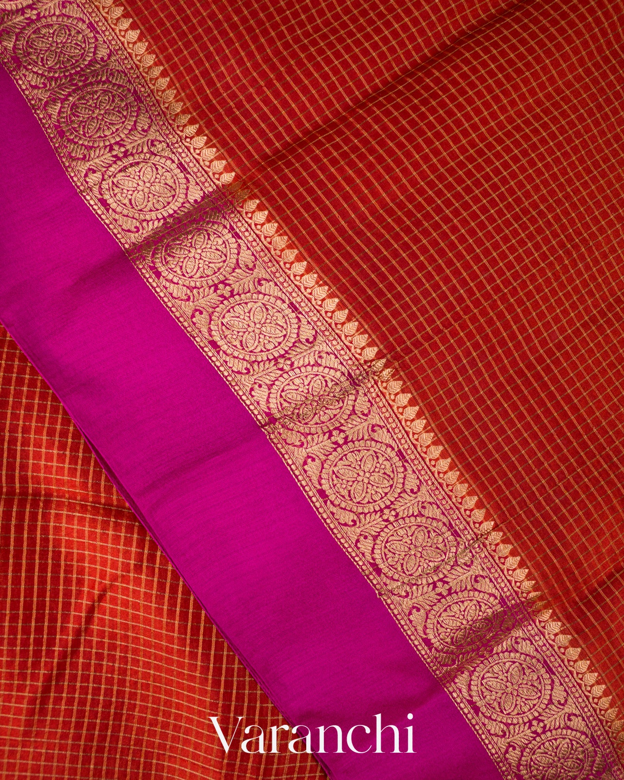 Red Checkered Pure Katan Silk Handloom Saree