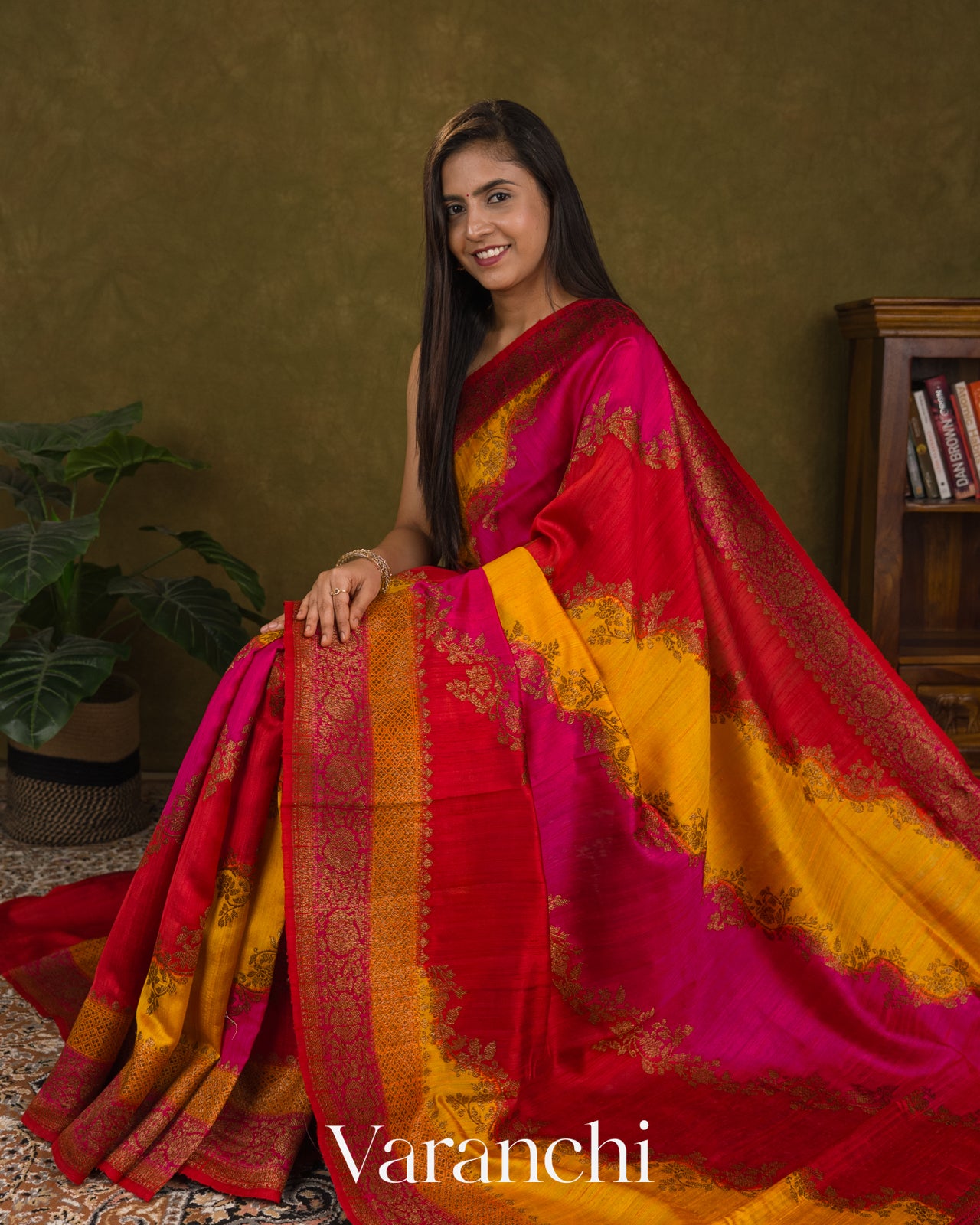 Red Vine Lehariya Pure Raw Silk Handloom Saree
