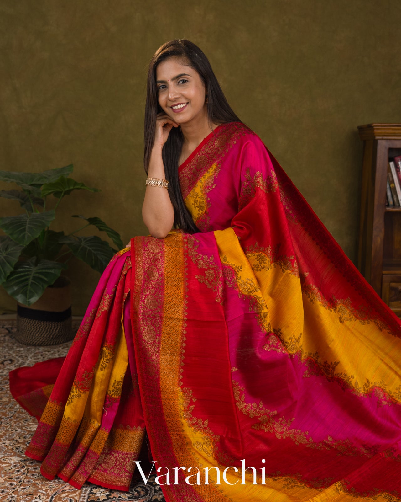Red Vine Lehariya Pure Raw Silk Handloom Saree