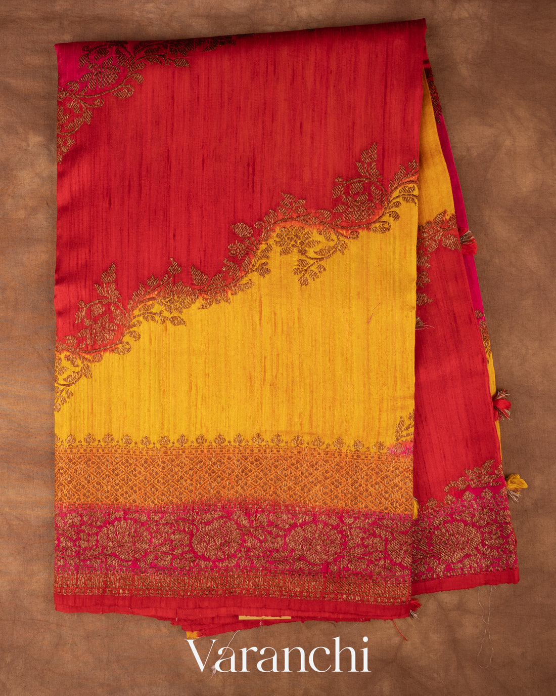 Red Vine Lehariya Pure Raw Silk Handloom Saree