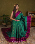 Teal Green Checkered Pure Soft Silk Handloom Saree
