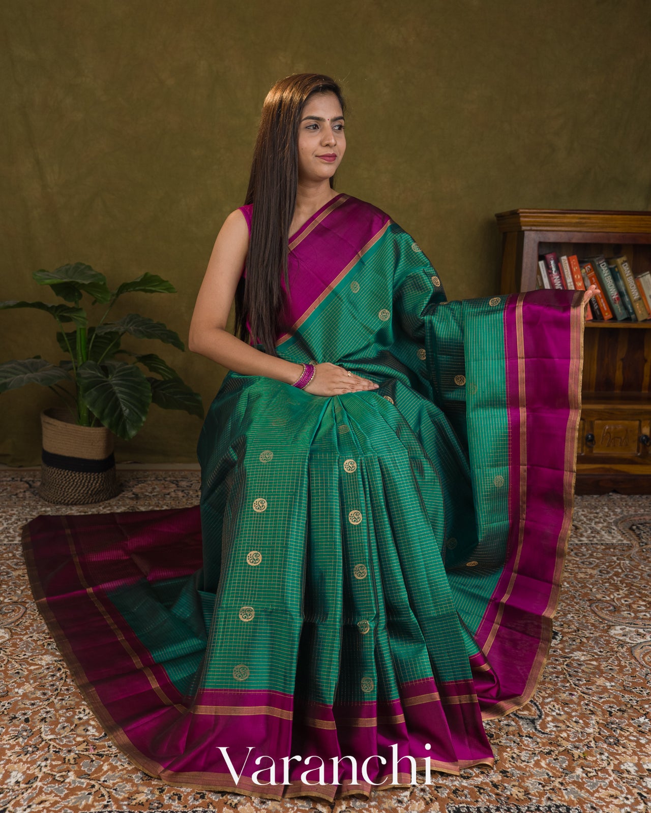 Teal Green Checkered Pure Soft Silk Handloom Saree