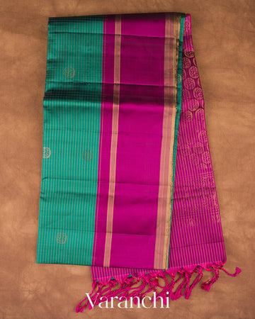 Teal Green Checkered Pure Soft Silk Handloom Saree