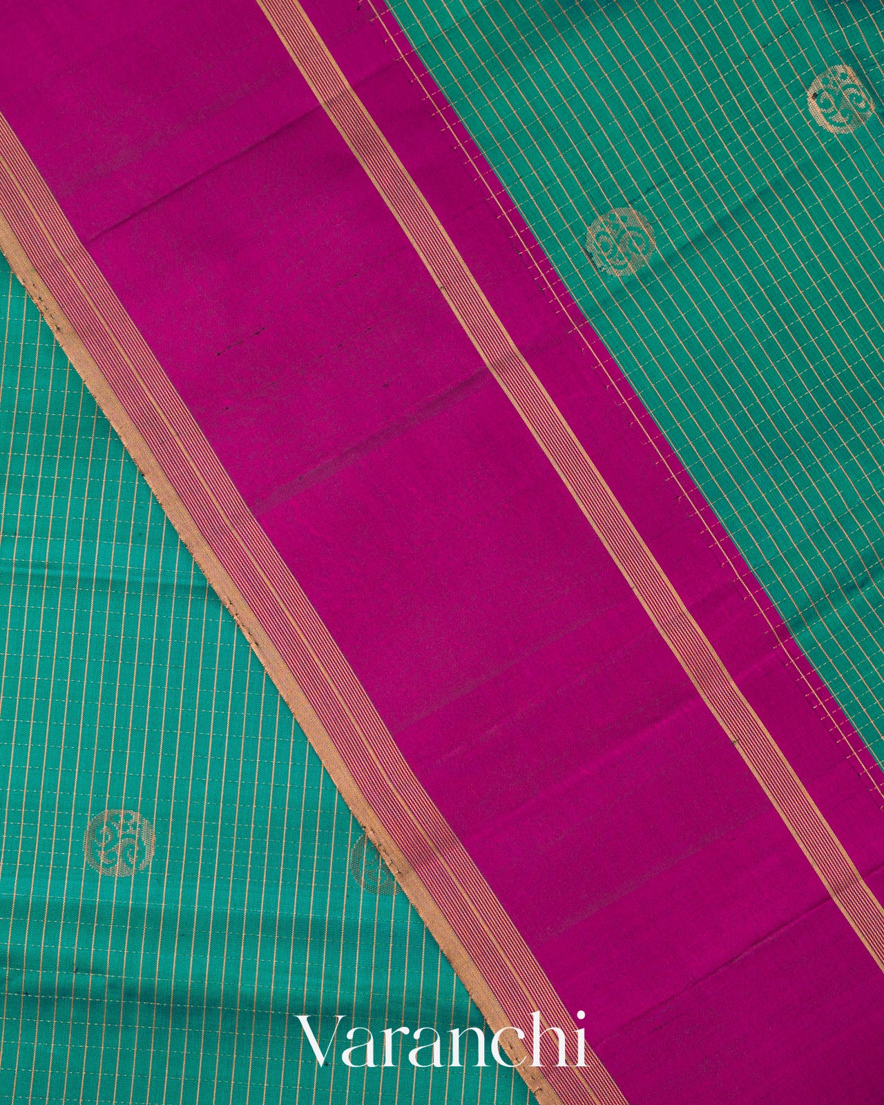 Teal Green Checkered Pure Soft Silk Handloom Saree