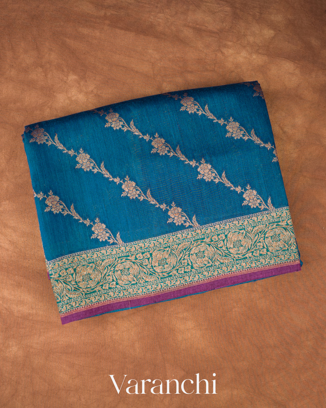 Indigo Blue Floral Lehariya Pure Moonga Silk Handloom Saree