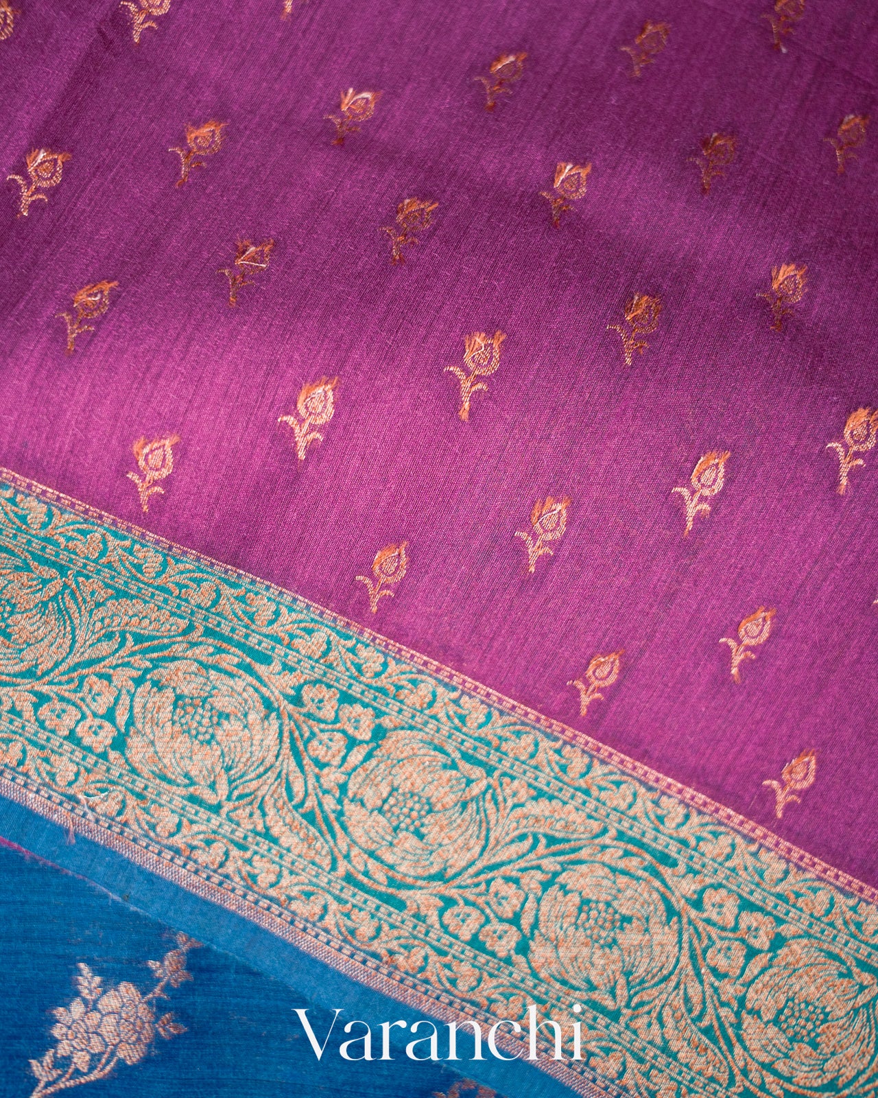 Indigo Blue Floral Lehariya Pure Moonga Silk Saree