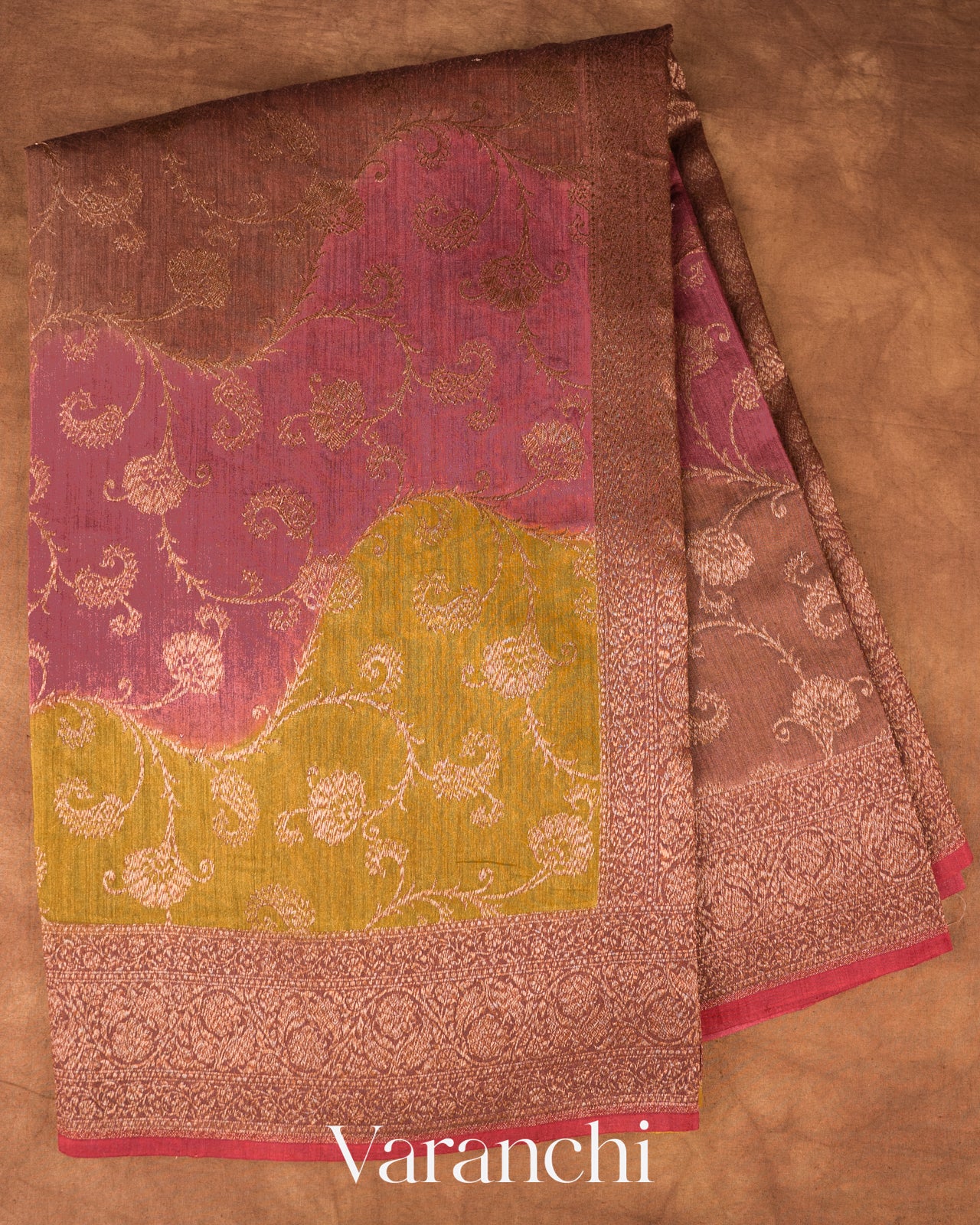 Olive Yellow Tricolour Lehariya Pure Moonga Silk Saree