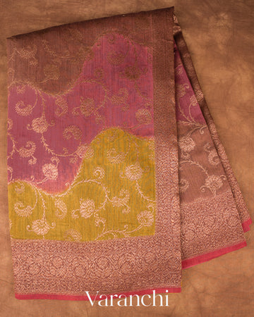 Olive Yellow Tricolour Lehariya Pure Moonga Silk Saree