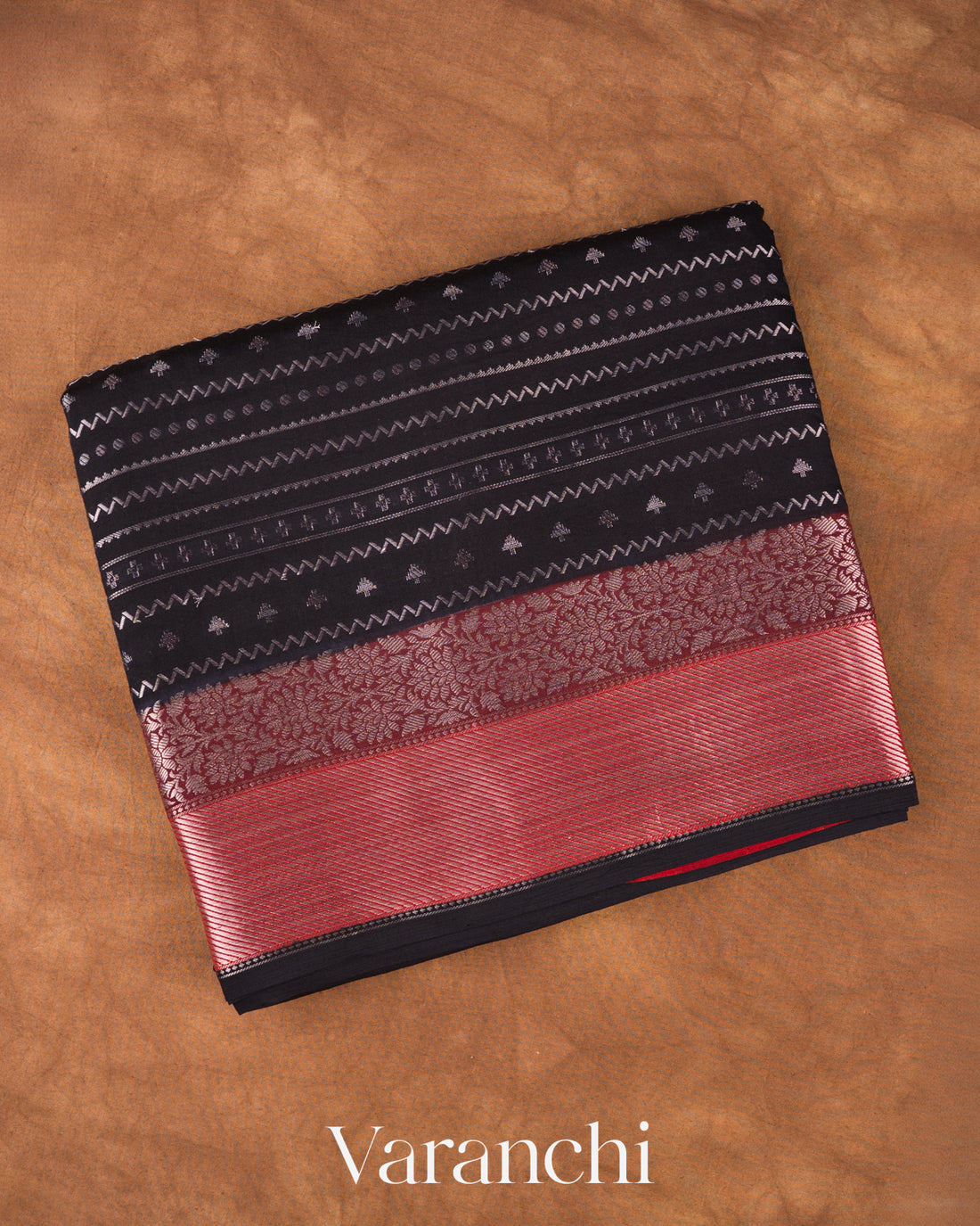 Black Zigzag Striped Pure Chiniya Silk Saree