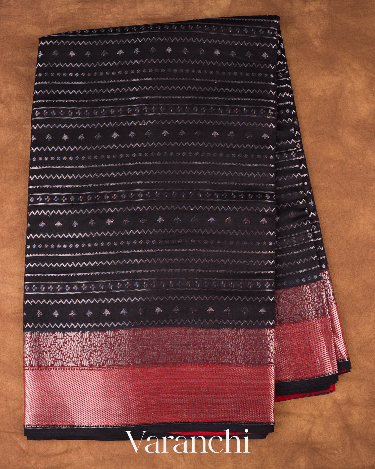 Black Zigzag Striped Pure Chiniya Silk Saree