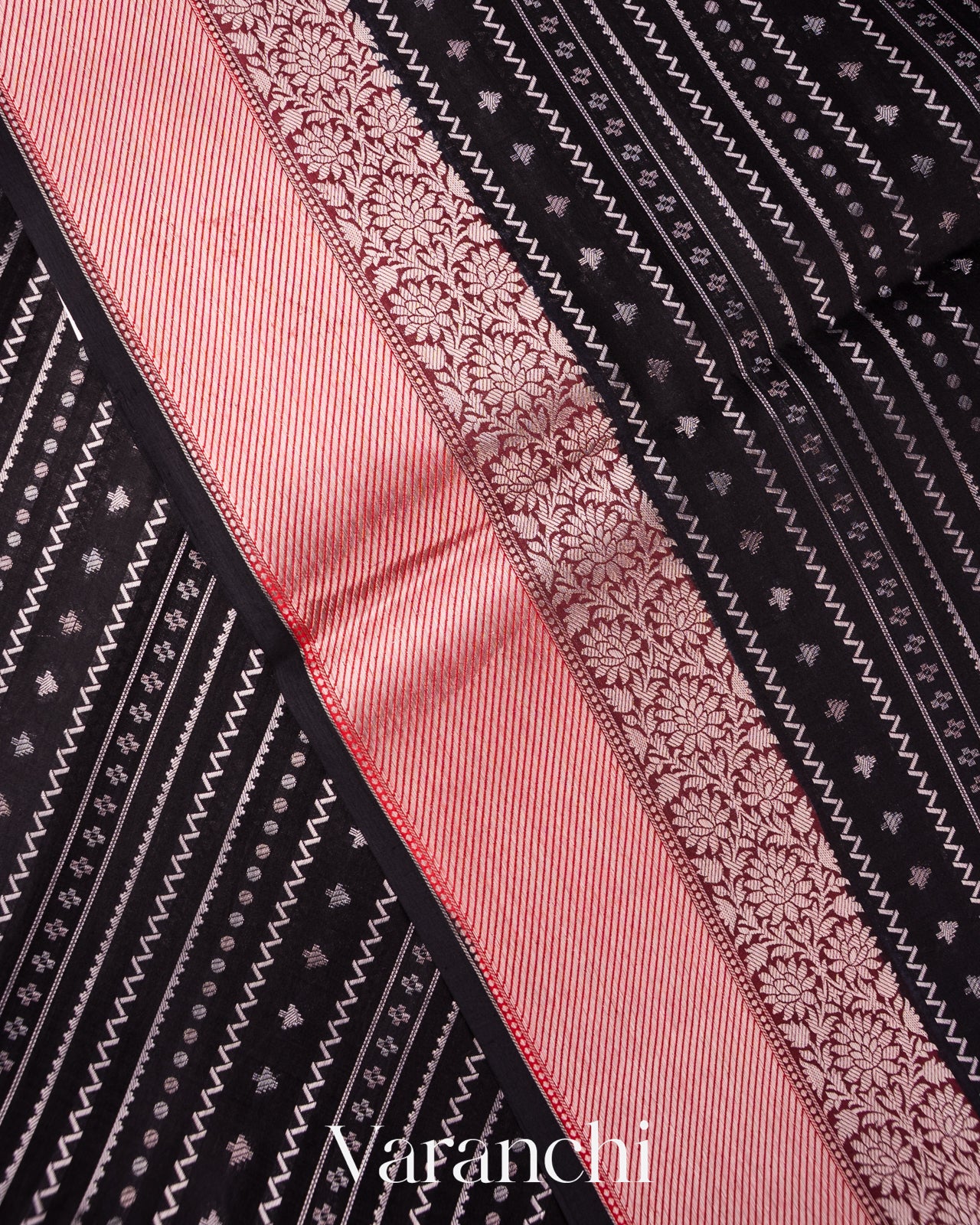Black Zigzag Striped Pure Chiniya Silk Saree
