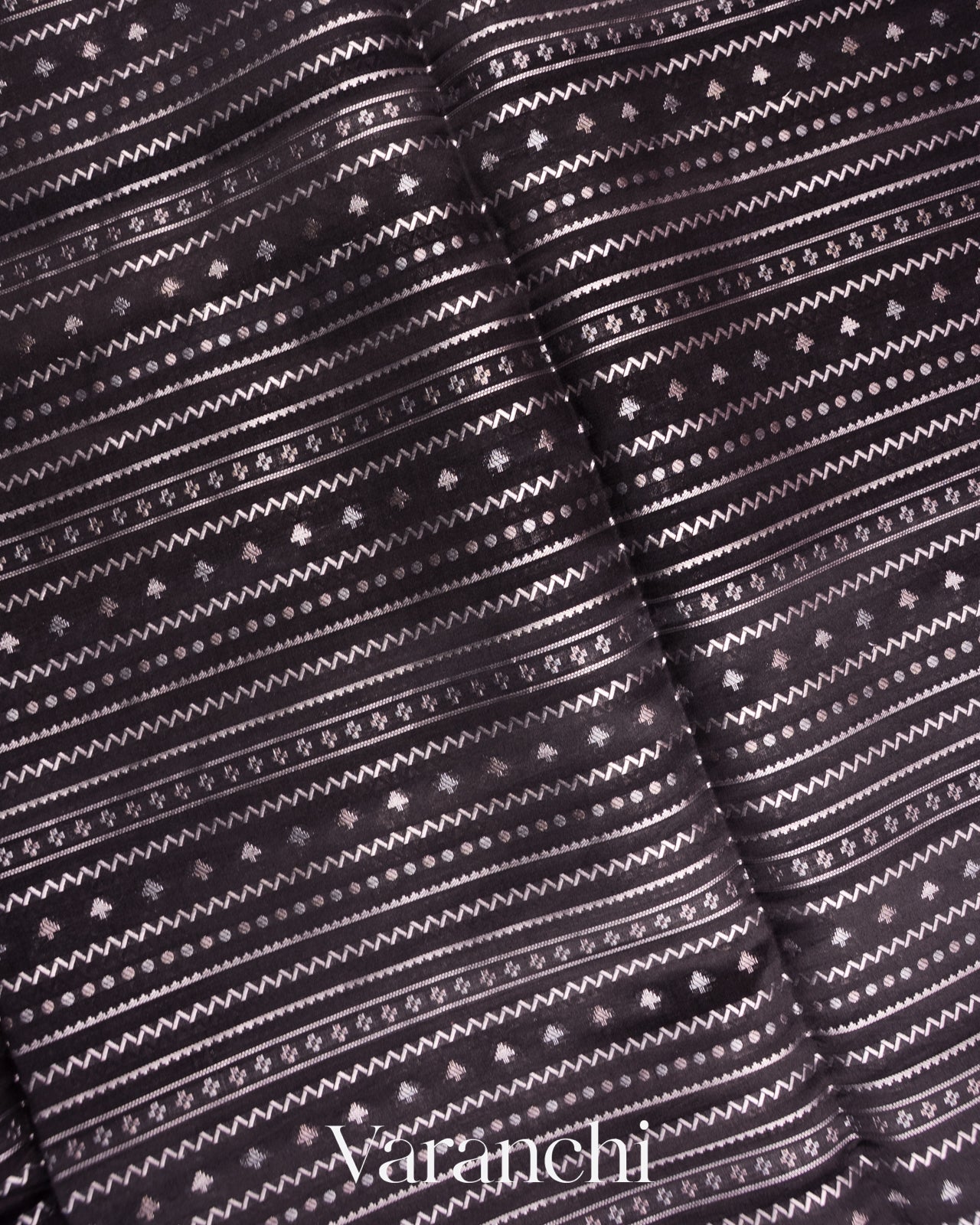 Black Zigzag Striped Pure Chiniya Silk Saree