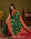Bottle Green Checkered Pure Crepe Silk Handloom Saree