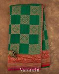 Bottle Green Checkered Pure Crepe Silk Handloom Saree