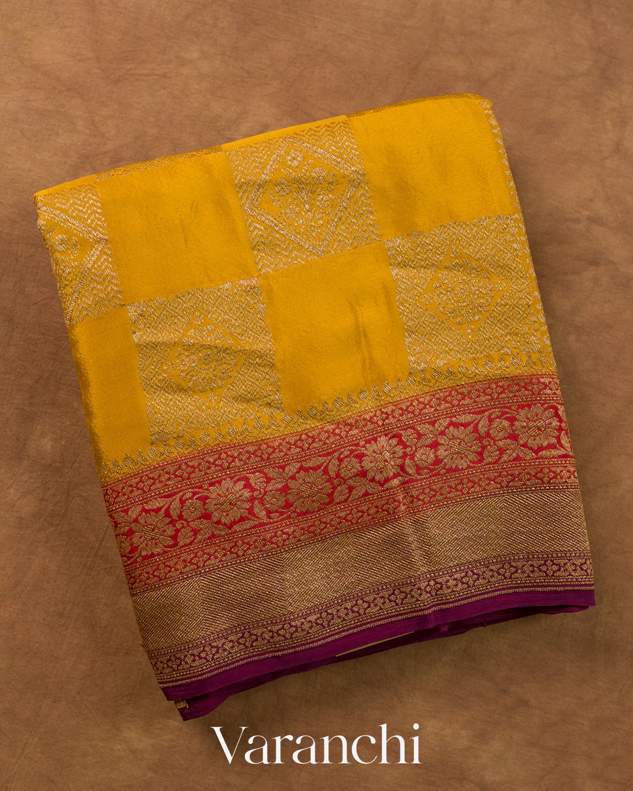 Mustard Yellow Checkered Pure Crepe Silk Handloom Saree