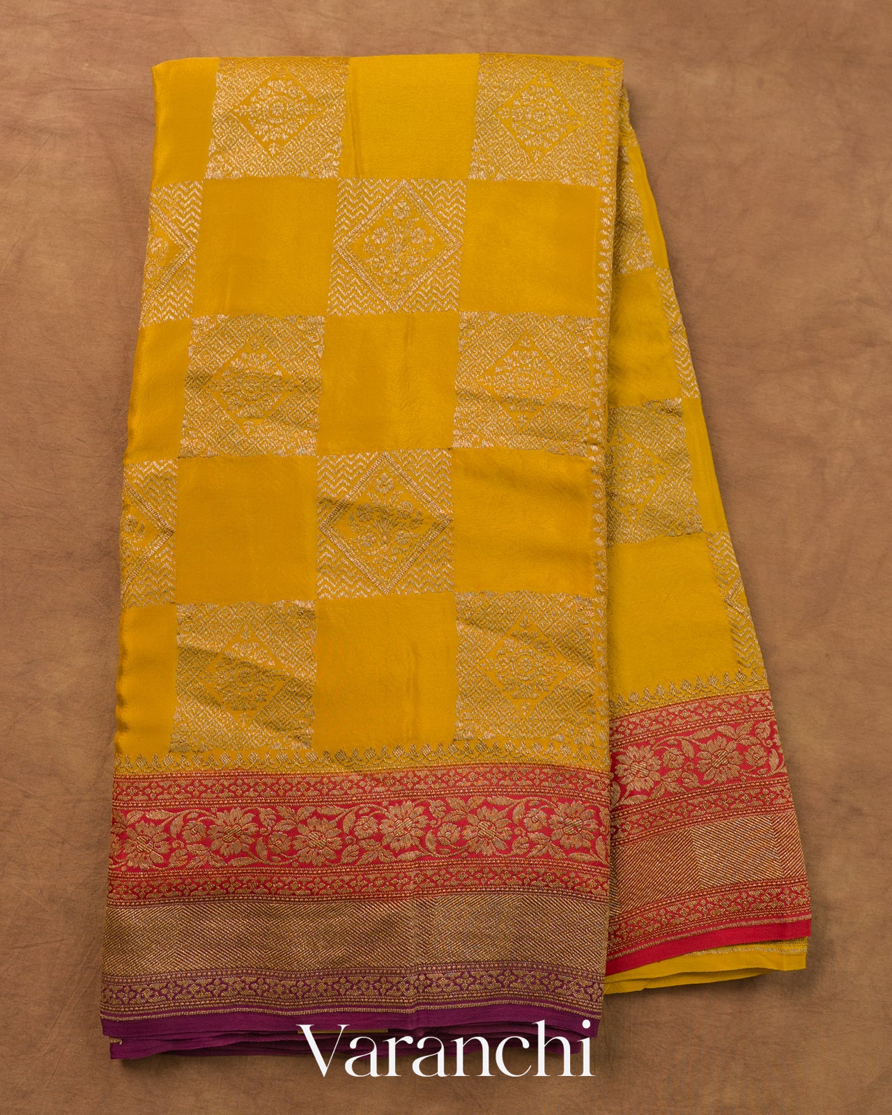 Mustard Yellow Checkered Pure Crepe Silk Handloom Saree