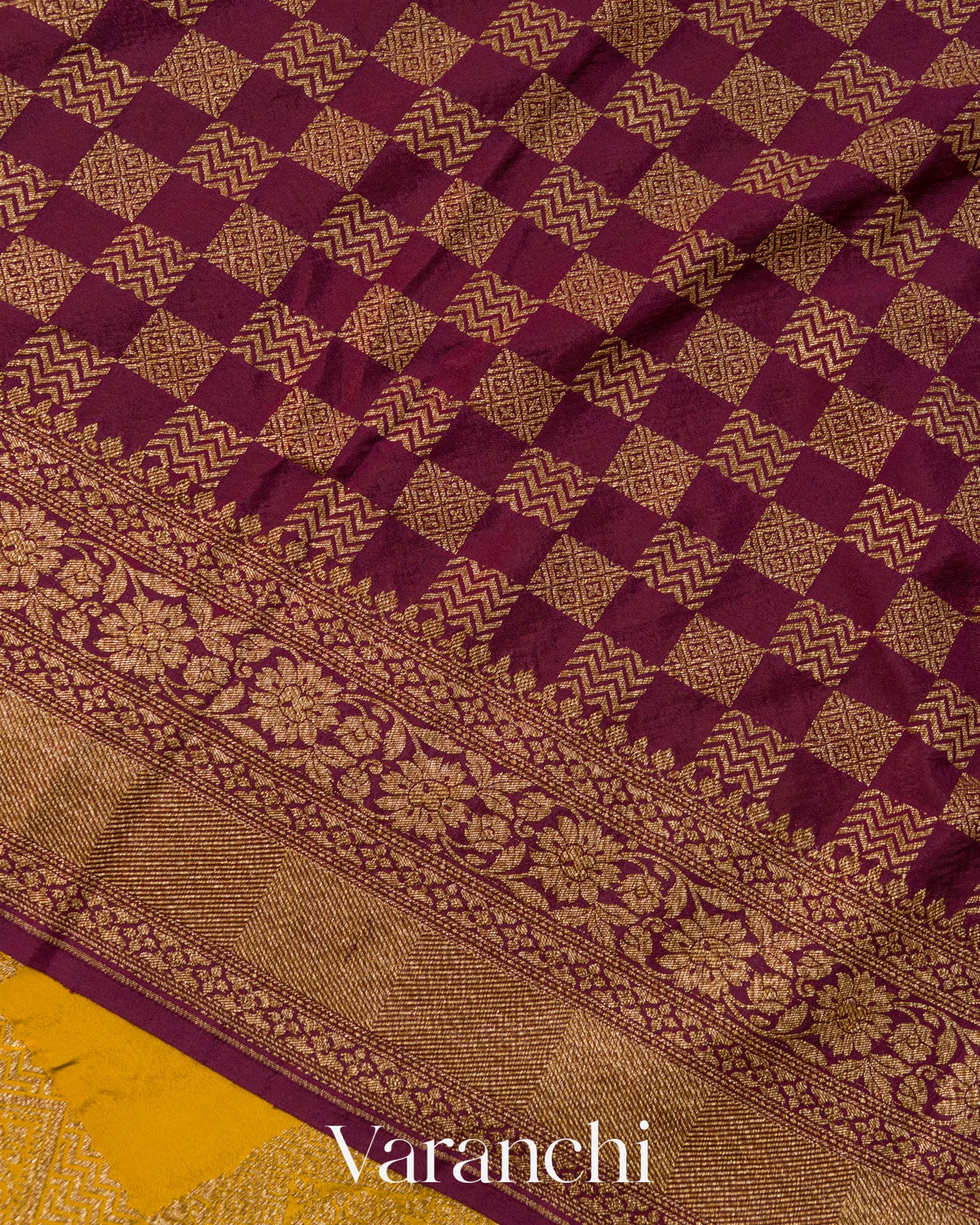 Mustard Yellow Checkered Pure Crepe Silk Handloom Saree