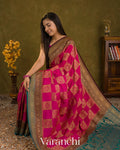 Rani Pink Checkered Pure Crepe Silk Handloom Saree