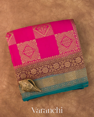Rani Pink Checkered Pure Crepe Silk Handloom Saree