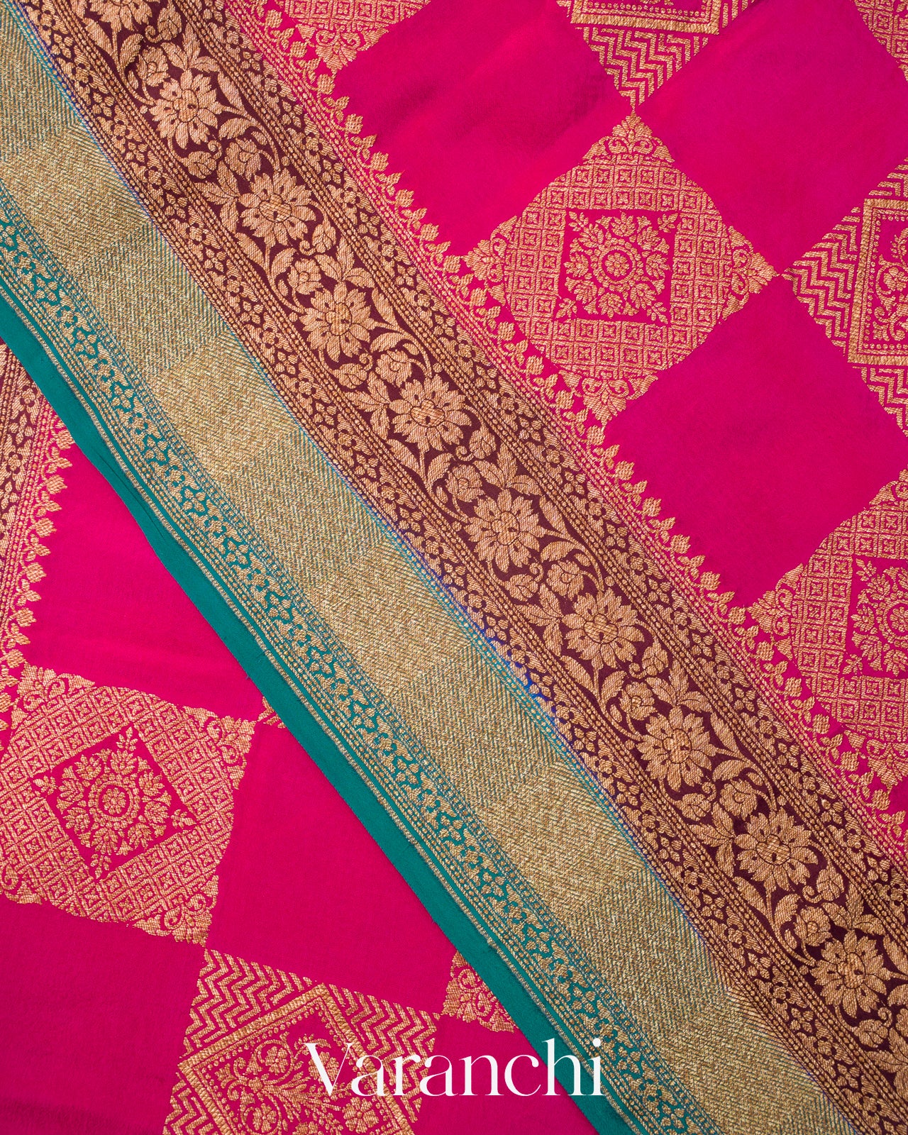 Rani Pink Checkered Pure Crepe Silk Handloom Saree