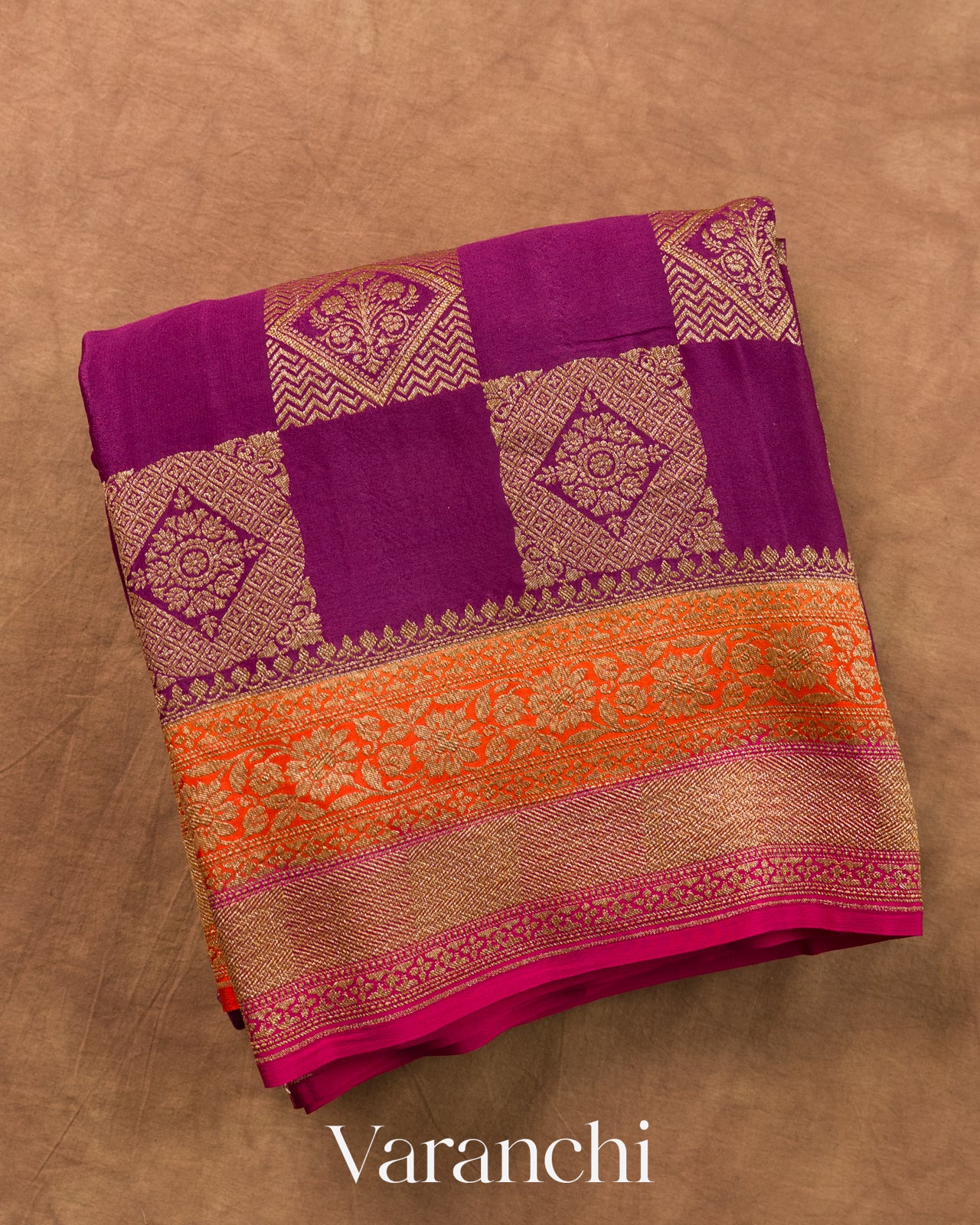Magenta Checkered Pure Crepe Silk Handloom Saree
