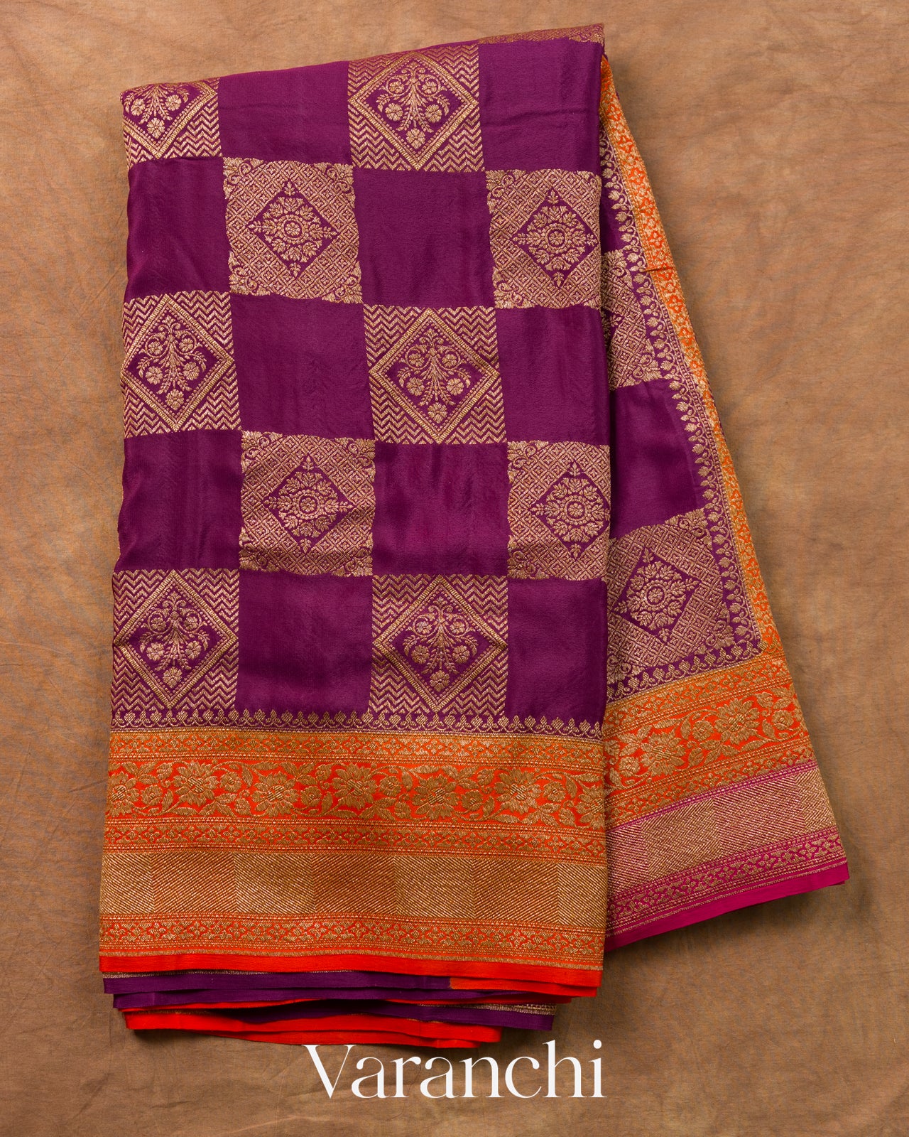 Magenta Checkered Pure Crepe Silk Handloom Saree