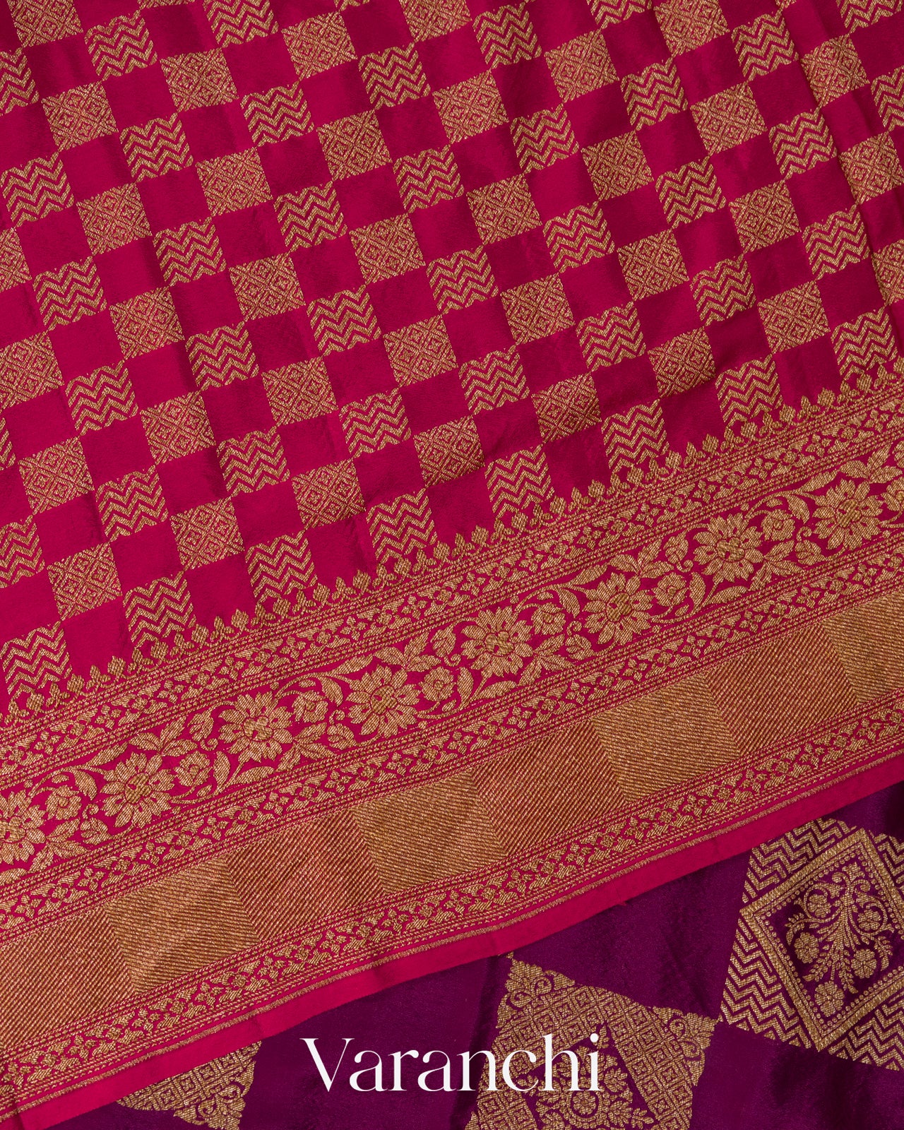 Magenta Checkered Pure Crepe Silk Handloom Saree