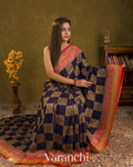 Navy Blue Checkered Pure Crepe Silk Handloom Saree