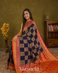 Navy Blue Checkered Pure Crepe Silk Handloom Saree