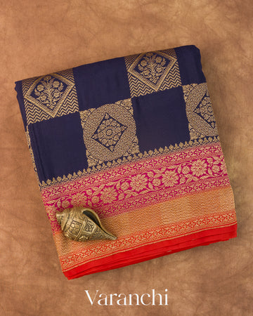 Navy Blue Checkered Pure Crepe Silk Handloom Saree